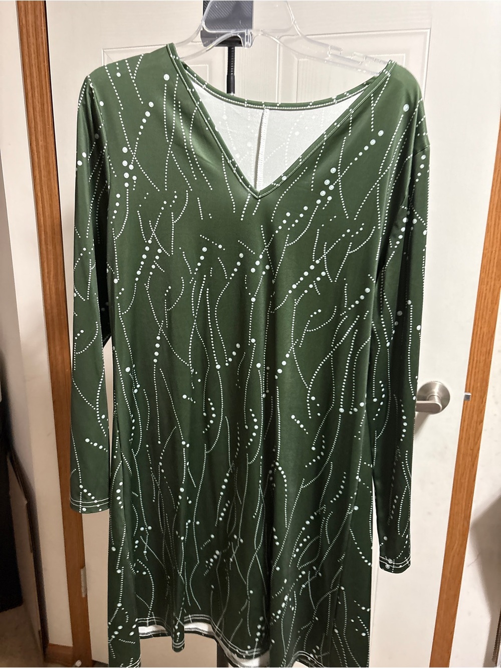 Olive Green V-Neck Long Sleeve Dress with Subtle Dot Swirl